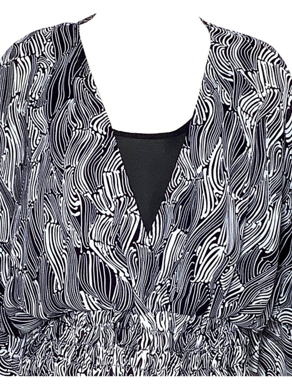 Allison Taylor L Top Blouse Tank Drop Waist Shirred Black White Abstract Ruffle - Picture 3 of 12